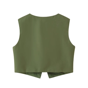 Rear view of minimalist military green waistcoat with round neck and structured fabric