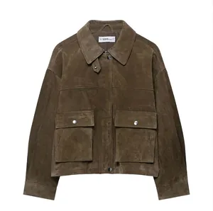 Women Casual Faux Suede Jacket Lapel Long Sleeve Loose Short Coat Streetwear Outerwear With Pockets Solid Olive Green