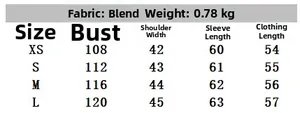 Size chart for faux fur jacket showing chest, shoulder, sleeve, and length in cm