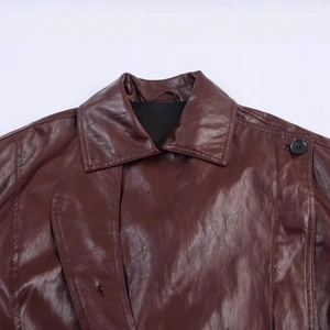 Classic brown PU leather jacket with lapel collar and button detail for women