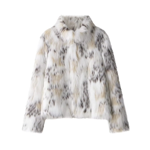 Women Fashion Faux Fur Spotted Jacket Elegant High Collar Long Sleeve Winter Warm Coat White Leopard Print Spotted Coat