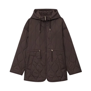 Giacca Trapuntata con Cappuccio da Donna Coulisse in Vita Motivo a Onde Cappotto Imbottito Media Lunghezza Elegante Manica Lunga