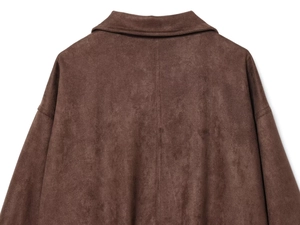 Close-up of the back collar and stitching detail on the brown suede texture jacket