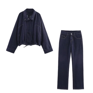 Veste Et Pantalon En Jean Vintage Femmes Couleur Unie Coton Veste Courte Cordon Ourlet Pantalon Droit