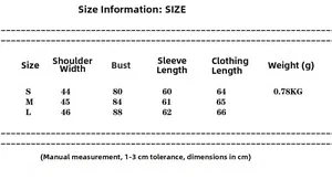 Size chart for faux suede long sleeve jacket showing shoulder, bust, and length measurements