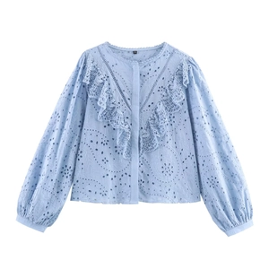 Women Elegant Blue Eyelet Embroidery Blouse Long Sleeve Ruffle Trim Button Down Round Neck Chic Cotton Blend Shirt Top