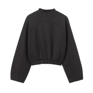 Back view of a black stand-collar bomber jacket with elastic hem and curved yoke seams