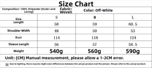 Detailed size chart with measurements for women's beige button jacket in S, M, and L sizes