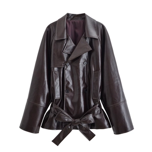 Women's Faux Leather Trench Coat And Shorts Set Double-Breasted Long Sleeve PU Jacket Top And Bottom Dark Brown