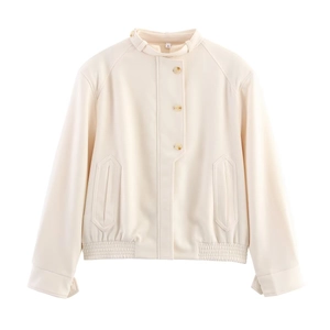 Women's Fashion Casual Beige Jacket Asymmetric Amber Button Stand Collar Loose Solid Color Coat Long Sleeve Outwear