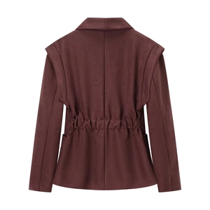 Rear view of a burgundy suede jacket for women with pleated elastic waist detail
