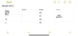 Detailed size chart for women casual coat showing length and weight for XS to L sizes