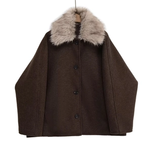 Women Vintage Loose Fit Faux Fur Collar Woolen Coat Mid Length Single Breasted Coffee Brown Casual Warm Outerwear Jacket