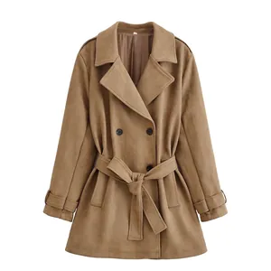 Women Casual Double Breasted Mid Length Trench Coat Khaki Suede Look Polyester Coat With Waist Tie Belt Outerwear
