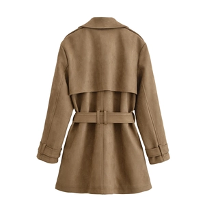 Women's back view of light brown suede double-breasted trench coat with waist belt