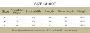 Detailed size chart for women's long sleeve knit cardigan showing S to L measurements