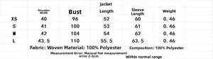 Size chart for women's short polyester jacket with shoulder, bust, and length details