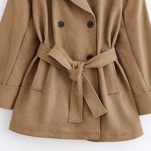 Classic khaki faux suede double-breasted trench coat with waist tie for women