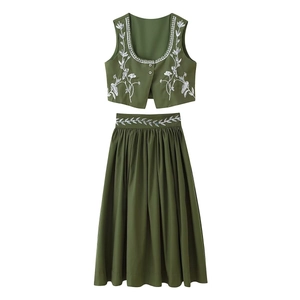 Women Vintage Dark Green Vest And Midi Skirt Outfit Sequined Botanical Embroidery Sleeveless Pleated Elegant Clothing For Party
