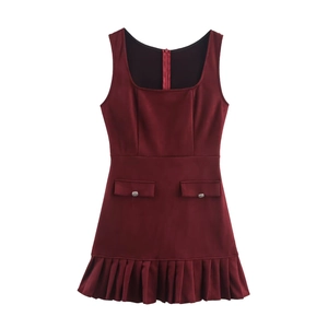 Robe Mini Rétro Femme Rouge Vin Col Carré Sans Manches Ourlet Plissé Coupe Trapèze Look Daim Robe Courte Soirée