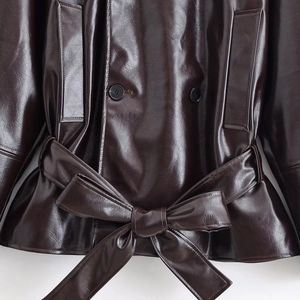Fashionable dark brown PU leather jacket with waist tie and double-breasted buttons