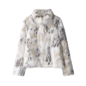 Women's faux fur jacket with snow leopard pattern, featuring a high collar and soft texture