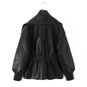 Rear view of black PU leather jacket featuring double layer collar and elastic waist hem