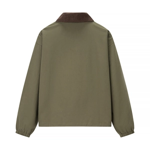 Rear view of olive green jacket with dark brown corduroy collar and elastic cuffs