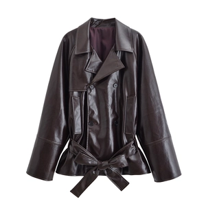 Chic dark brown PU leather short jacket with waist belt and double-breasted design