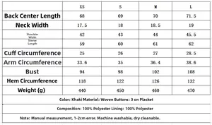 Detailed size chart for women's pleated waist blazer including measurements from XS to L