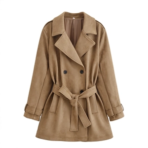 Classic camel double-breasted suede trench coat for women with waist belt and epaulettes