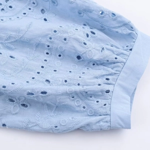 Elegant light blue fashion shirt featuring floral embroidery and hollow out eyelet details