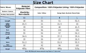 Detailed size chart for yellow tweed jacket with measurements for XS, S, M and L sizes