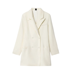 Women Elegant Double Breasted Long Blazer Solid Color Peak Lapel Professional Office Workwear Suit Jacket