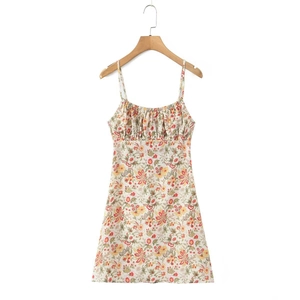 Detail of floral spaghetti strap mini dress with pleated bust and A-line silhouette