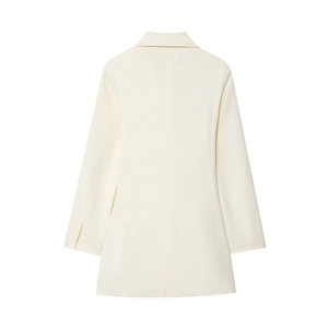 Elegant white double-breasted long blazer for women shown from the back view