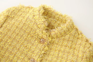Detailed macro view of yellow tweed fabric texture with fringe trim and golden button