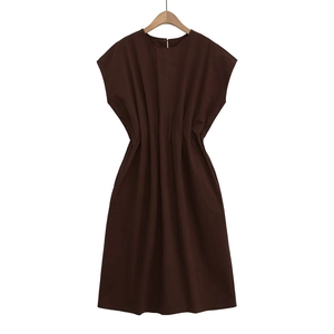 Classic dark brown round neck sleeveless A-line dress with pleated waist detailing