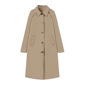 Detailed view of khaki trench coat featuring lapel collar and dark brown button closure