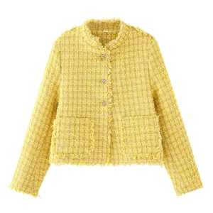 Women Yellow Tweed Jacket Chanel Style Short Round Neck Fringe Trim Coat Gold Buttons Elegant Korean Fashion Outerwear