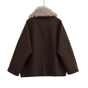 Deep coffee wool jacket with a detachable grey faux fur collar in a loose A-line silhouette