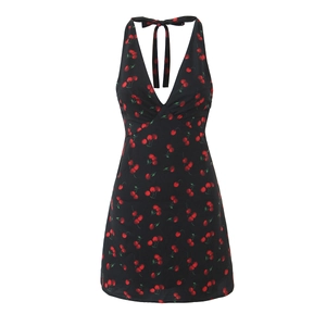 Women Sexy Halter Mini Dress Cherry Print Open Back V Neck Sleeveless Bodycon Short Dress Summer Vacation Beach Outfits