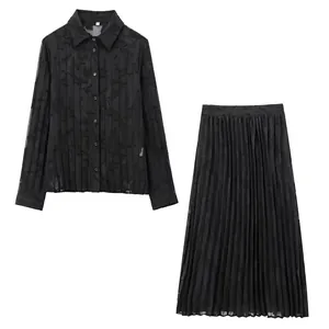 Ensemble Femme Élégant Noir Chemise Transparente Motif Fleuri Et Jupe Midi Plissée Haut Bas Tenue Travail