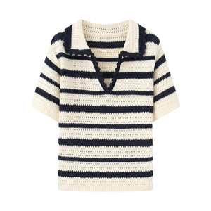 Polo in Maglia a Righe da Donna Casual Manica Corta Scollo a V Lavorazione a Traforo Maglione Top Estivo Retro Maglieria