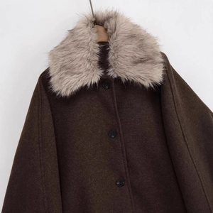 Women's dark brown wool coat featuring a detachable plush grey faux fur collar and buttons