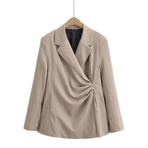 Elegant beige cinched-waist blazer for women featuring pleated front and notched lapel