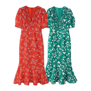 Robe Midi Queue de Poisson Sexy Florale Col en V Manches Bouffantes Femme Élégante Plissée Manches Courtes Imprimé Vacances
