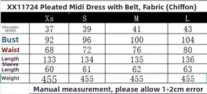 Detailed size chart for the pleated chiffon midi dress with belt and long sleeves
