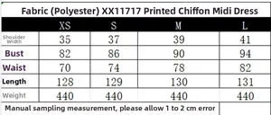 Size chart for printed poplin midi dress including measurements for XS to L sizes