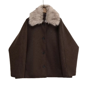Brown wool coat with a removable faux fur collar and classic button-up front closure